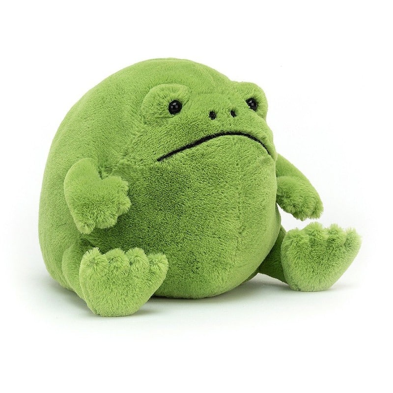Peluche grenouille vert triste avec un fond blanc